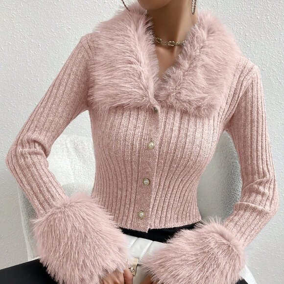 Sweaters - Baby Pink Casual Women's Furry Collar Long Sleeve Knitted Ribbed Cardigan